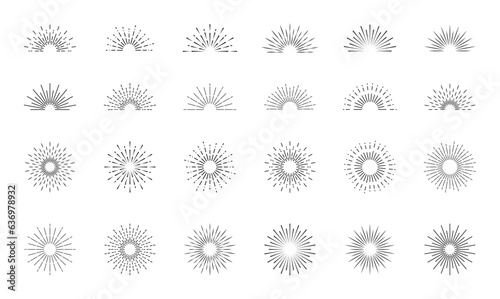 Sunburst set. Light rays collection. Vintage sunburst. Explosion, firework, sparks, star light, sun rays. Element for logotype, emblem, banner or lettering. Vector illustration.