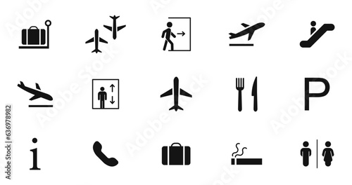 Airport icon set. Airport signs. Icons airport services. Terminals, departures, arrivals, transfer, check in, baggage, information desk, exit, restaurant, lift, escalator, toilet, parking etc.