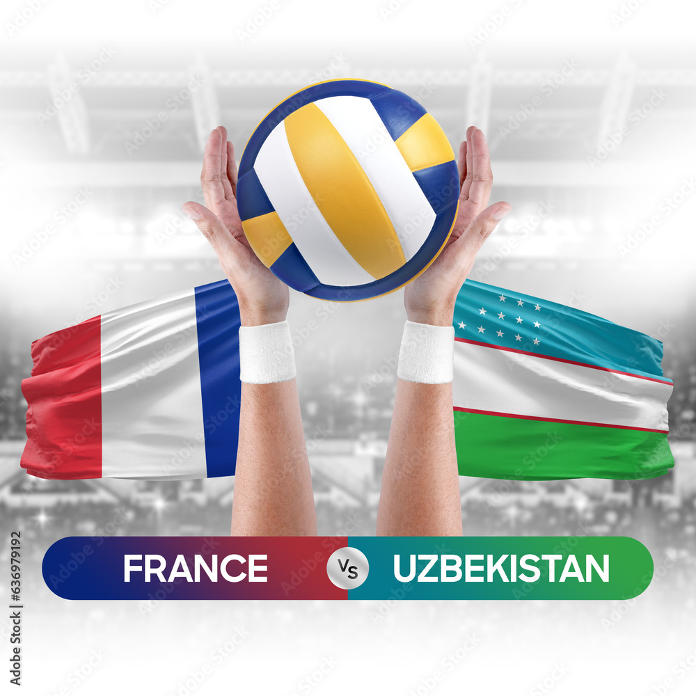 France vs Uzbekistan national teams volleyball volley ball match competition concept.