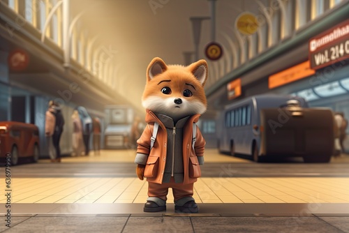 3d cartoon style illustration with a tiny fox waiting for a train