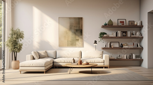 Modern minimalist home interior, white sofa, beige colors, painting © EchoStudios