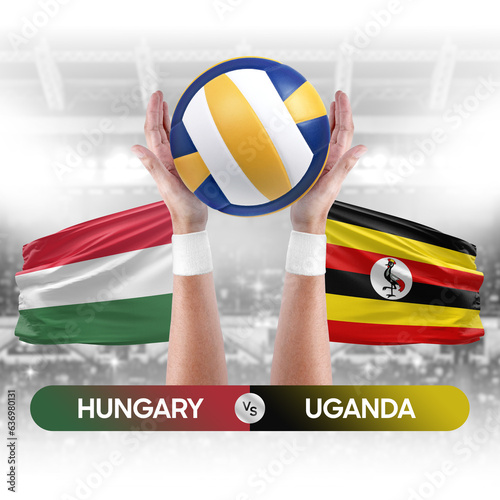 Hungary vs Uganda national teams volleyball volley ball match competition concept.
