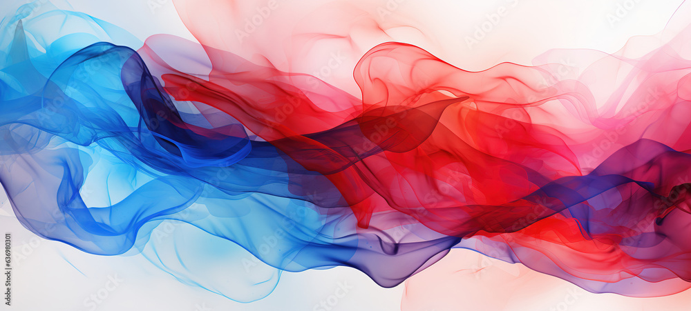 Abstract paint water. Color mist. Magic spell mystery. Blue red colors, contrast vapor floating splash cloud texture background banner illustration