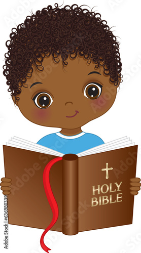 Vector Cute Little African American Boy Studying Bible