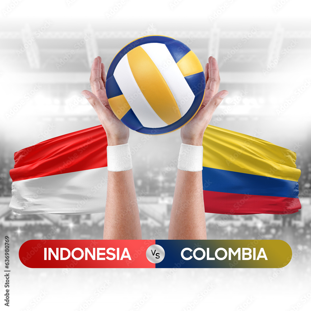 Indonesia vs Colombia national teams volleyball volley ball match competition concept.