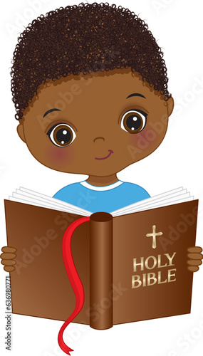 Vector Cute Little African American Boy Studying Bible