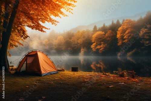 Autumn camping photo copy space, banner. AI generated