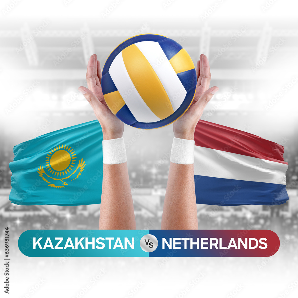 Kazakhstan vs Netherlands national teams volleyball volley ball match competition concept.