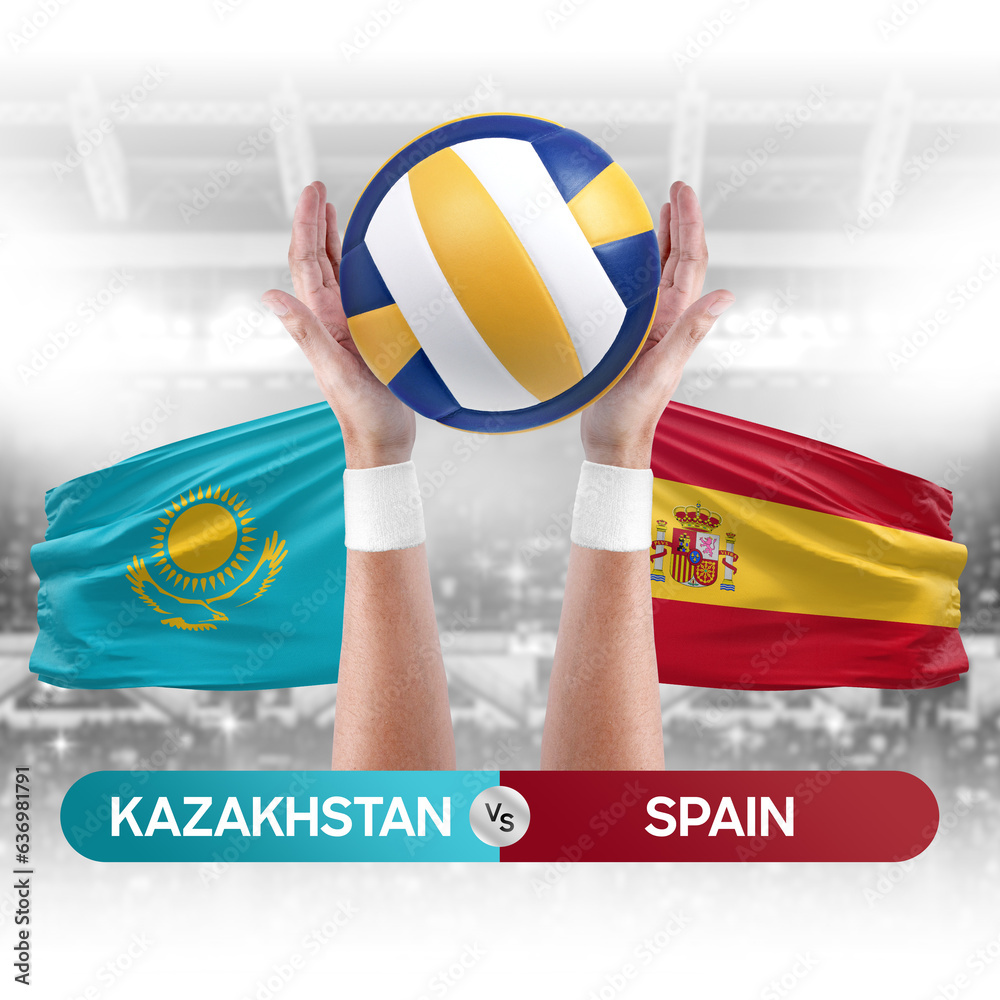 Kazakhstan vs Spain national teams volleyball volley ball match competition concept.