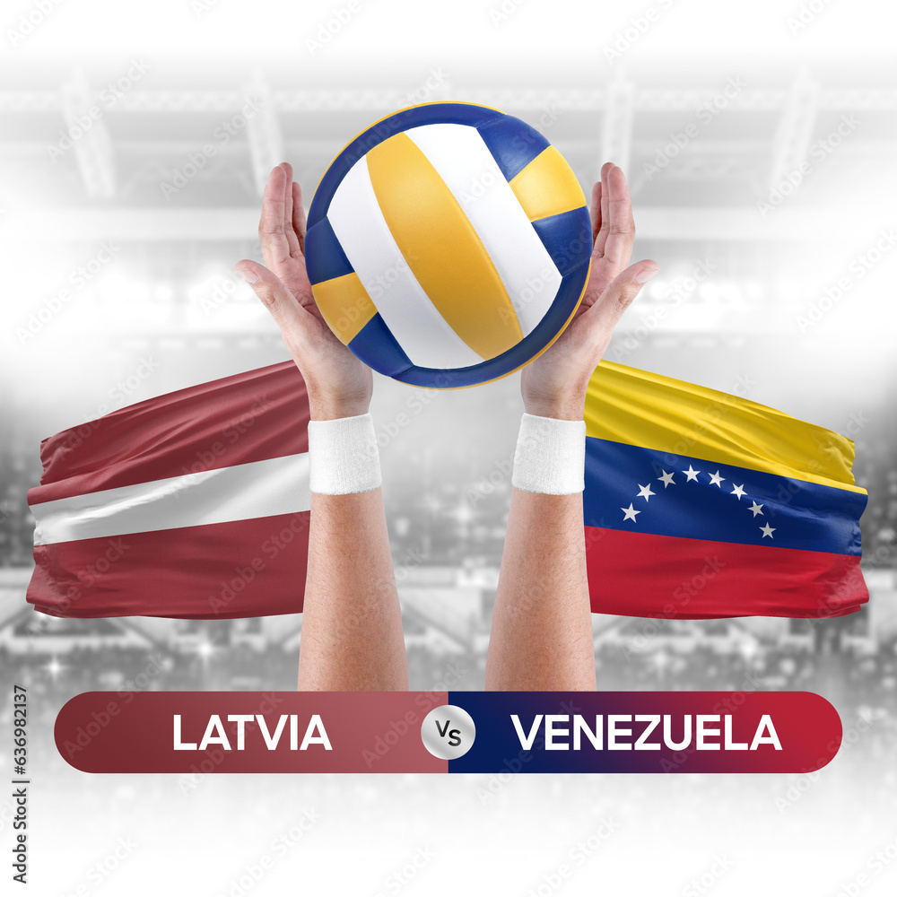 Latvia vs Venezuela national teams volleyball volley ball match competition concept.