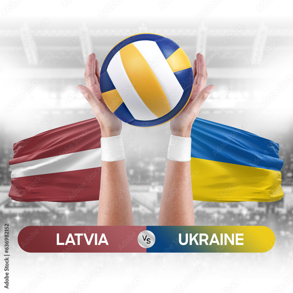 Latvia vs Ukraine national teams volleyball volley ball match competition concept.