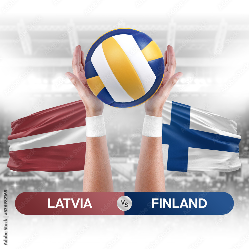 Latvia vs Finland national teams volleyball volley ball match competition concept.