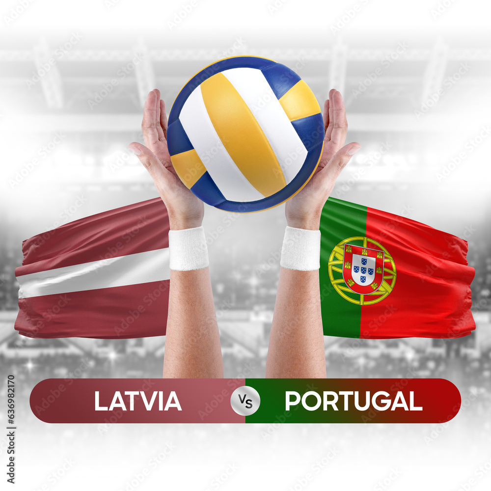 Latvia vs Portugal national teams volleyball volley ball match competition concept.