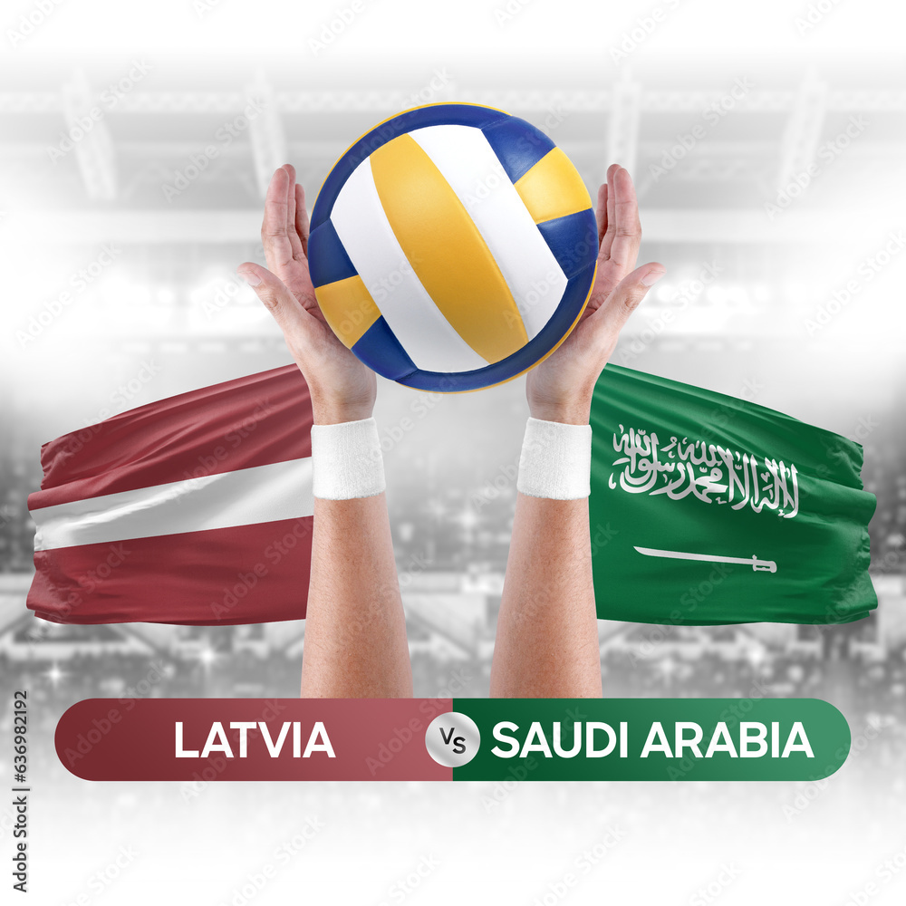 Latvia vs Saudi Arabia national teams volleyball volley ball match competition concept.