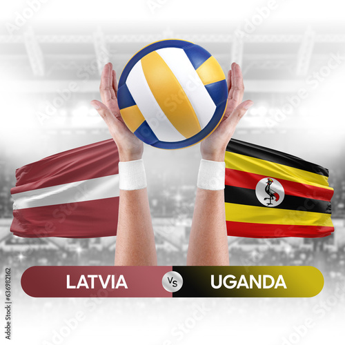 Latvia vs Uganda national teams volleyball volley ball match competition concept.