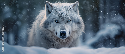 A wolf in snow freezing wind glowing eyes, generative ai