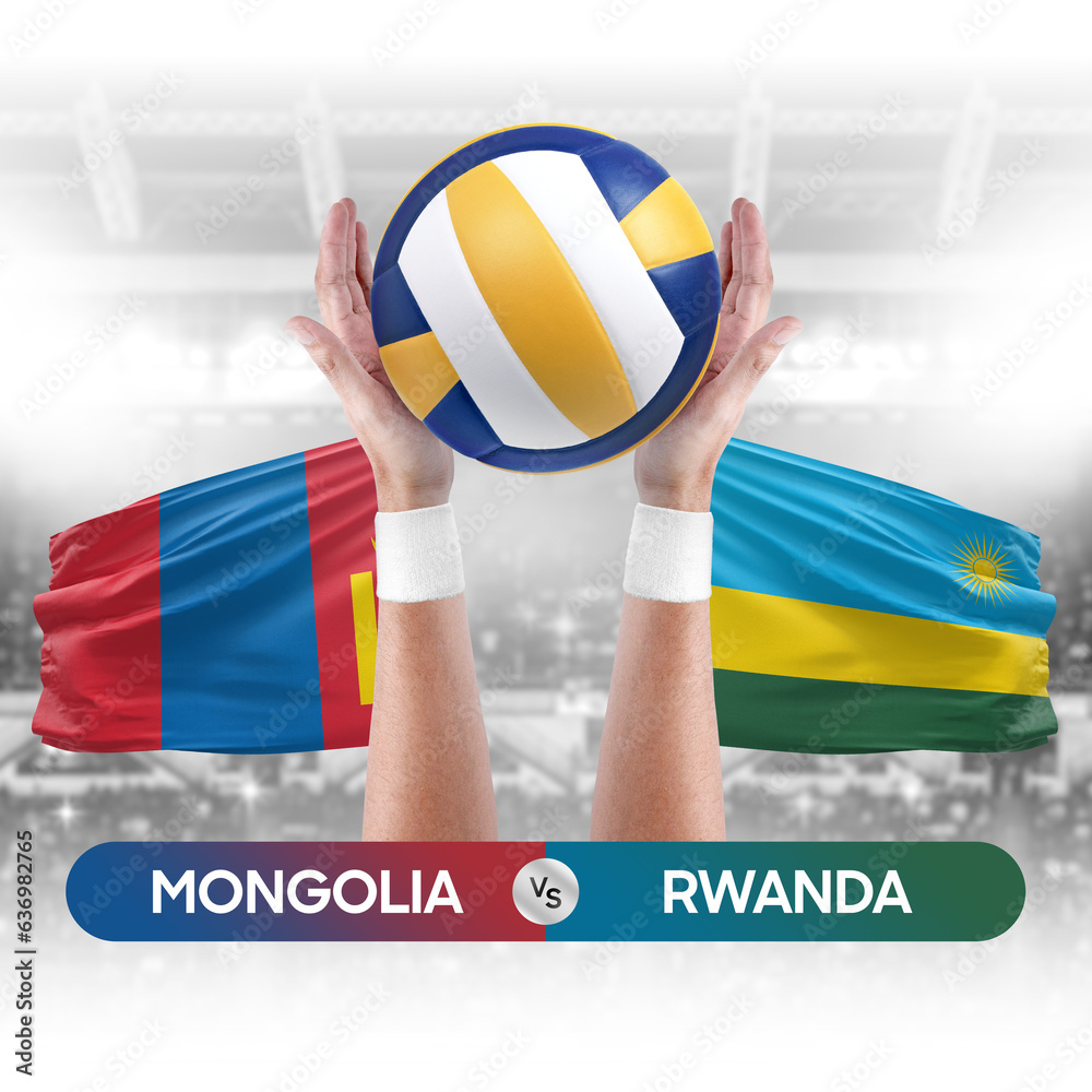 Mongolia vs Rwanda national teams volleyball volley ball match competition concept.