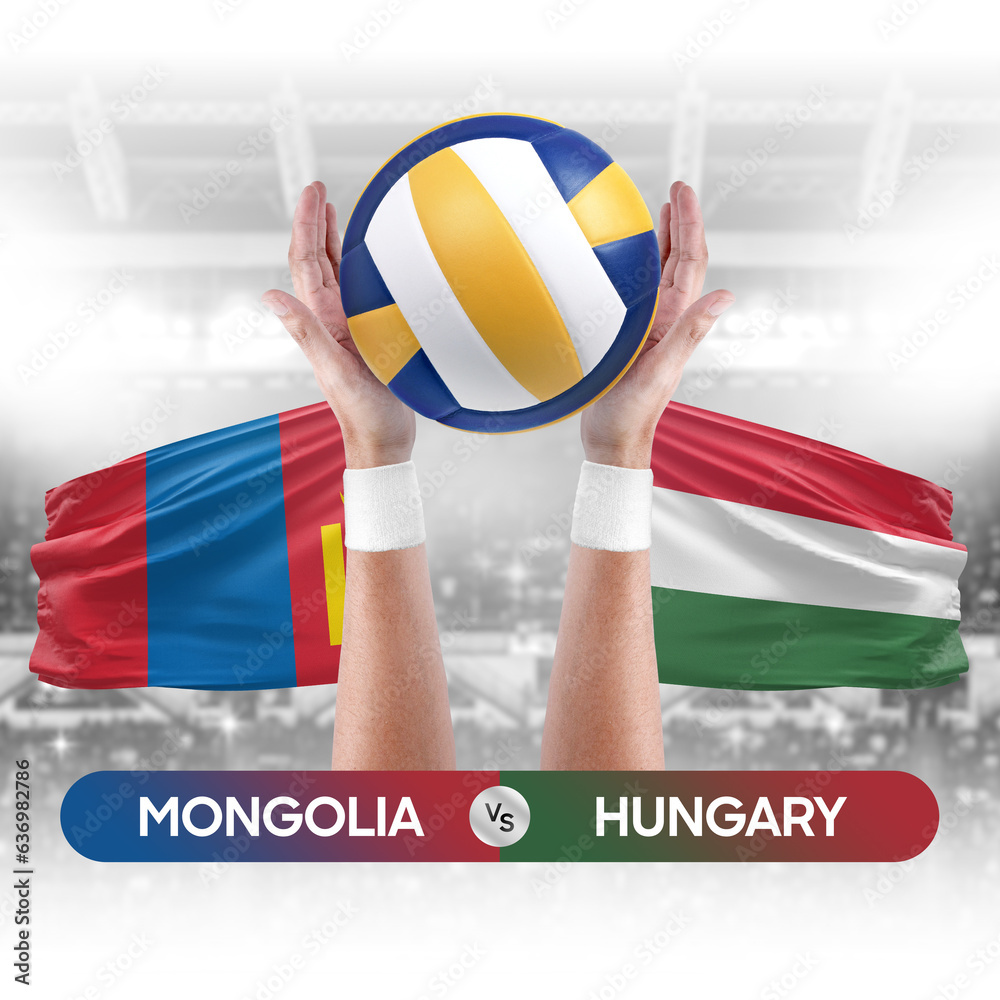 Mongolia vs Hungary national teams volleyball volley ball match competition concept.