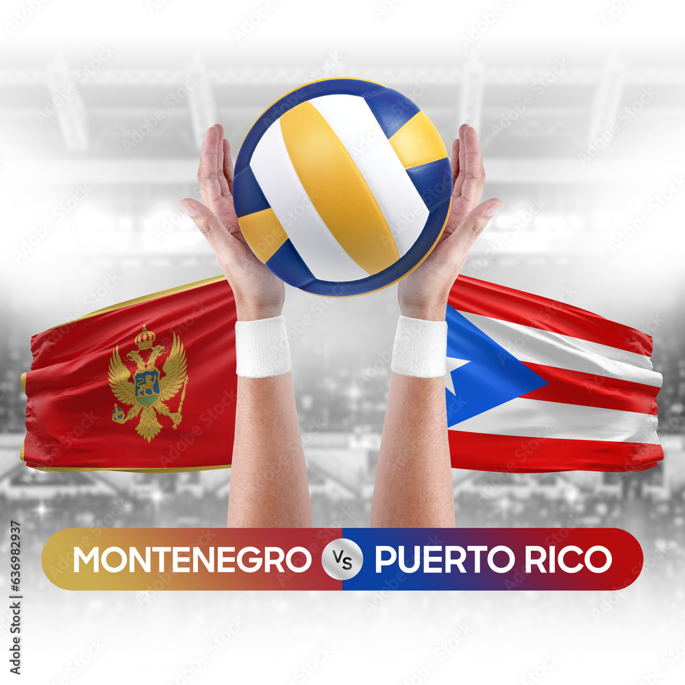 Montenegro vs Puerto Rico national teams volleyball volley ball match competition concept.