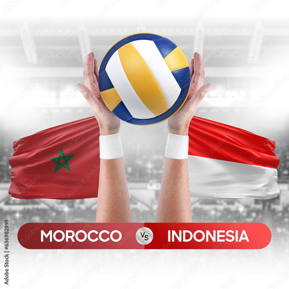 Morocco vs Indonesia national teams volleyball volley ball match competition concept.