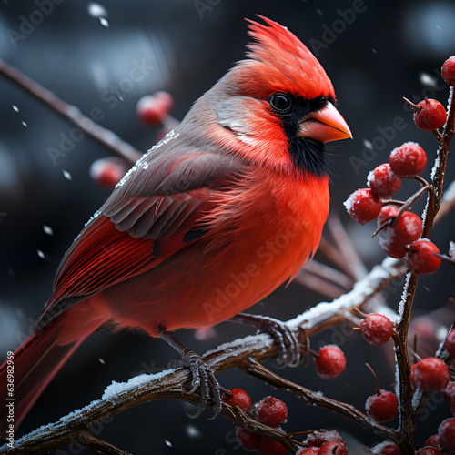 Beautiful bird photography red cardinal on a branch, generative ai © Ozis