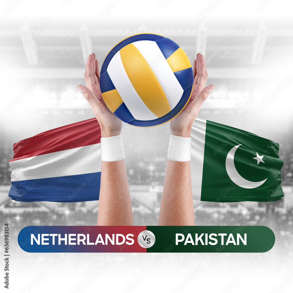 Netherlands vs Pakistan national teams volleyball volley ball match competition concept.