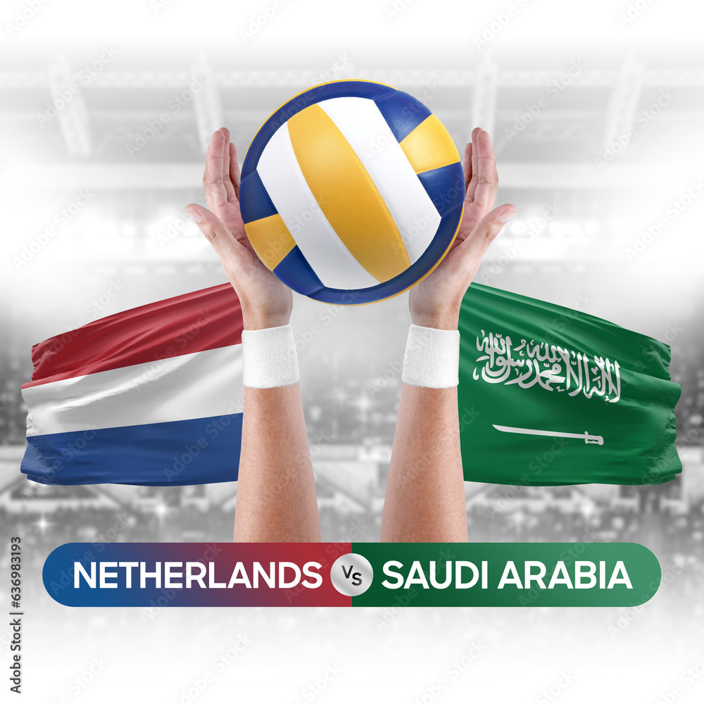 Netherlands vs Saudi Arabia national teams volleyball volley ball match competition concept.