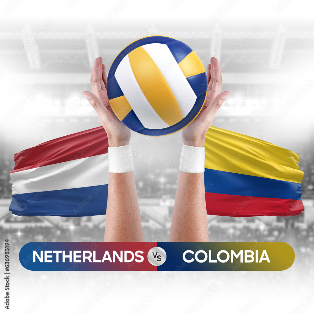 Netherlands vs Colombia national teams volleyball volley ball match competition concept.