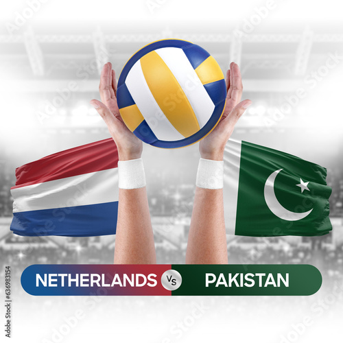 Netherlands vs Pakistan national teams volleyball volley ball match competition concept.