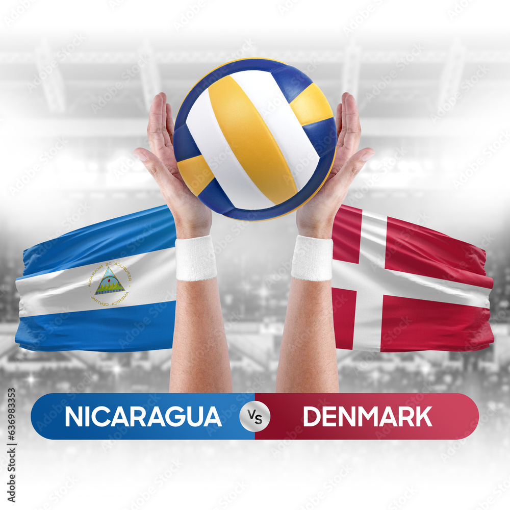 Nicaragua vs Denmark national teams volleyball volley ball match competition concept.