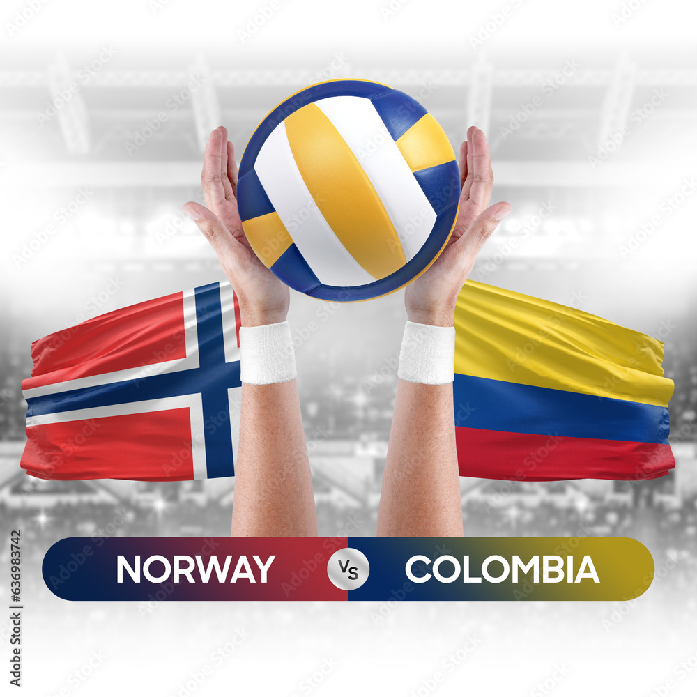Norway vs Colombia national teams volleyball volley ball match competition concept.