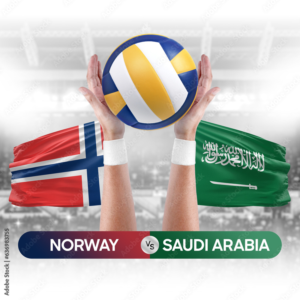 Norway vs Saudi Arabia national teams volleyball volley ball match competition concept.