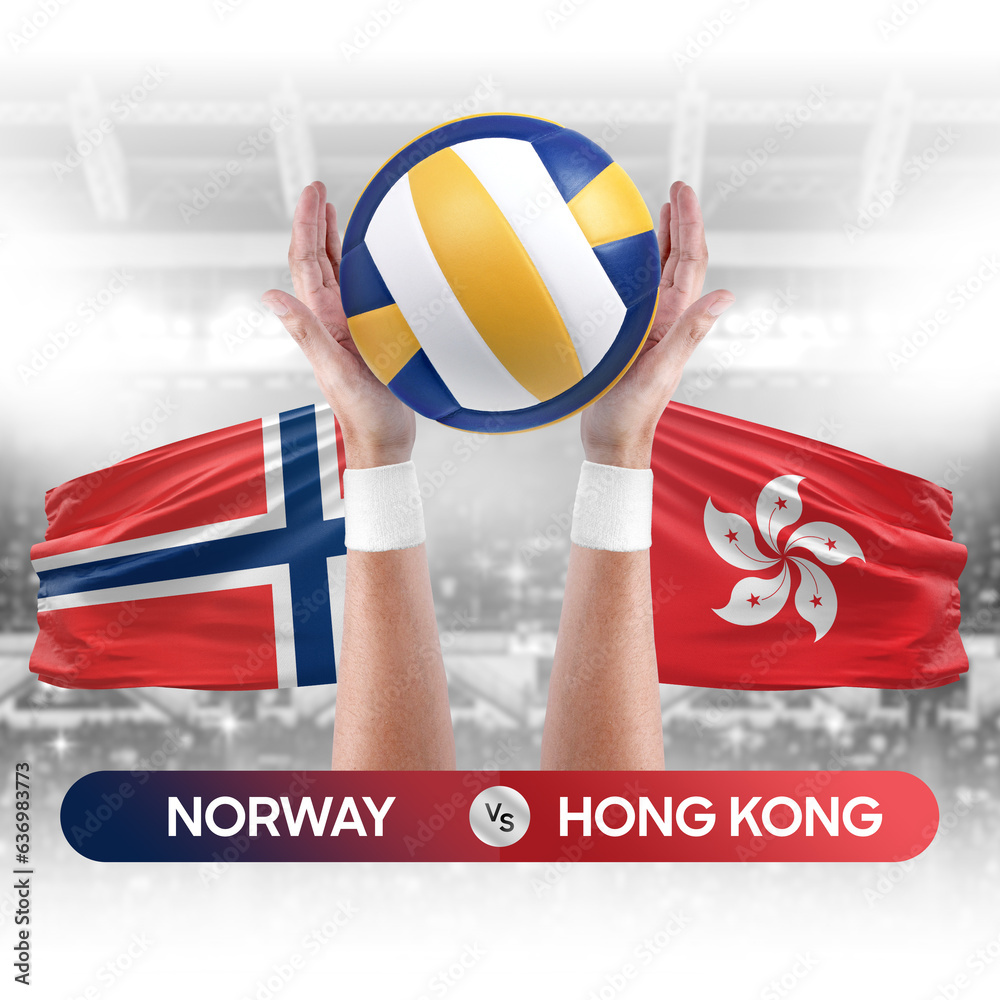 Norway vs Hong Kong national teams volleyball volley ball match competition concept.