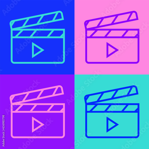 Pop art line Movie clapper icon isolated on color background. Film clapper board. Clapperboard sign. Cinema production or media industry. Vector