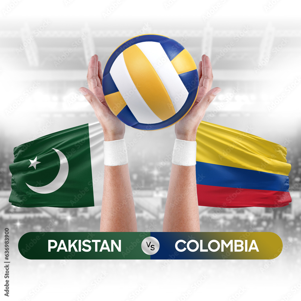 Pakistan vs Colombia national teams volleyball volley ball match competition concept.