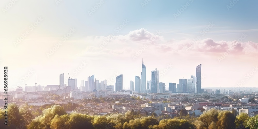 Fototapeta premium Urban majesty. Daytime skyline perspective. Skyscrapers and sunshine. Urban marvels in daylight. City elegance. Glimpse of downtown landmarks