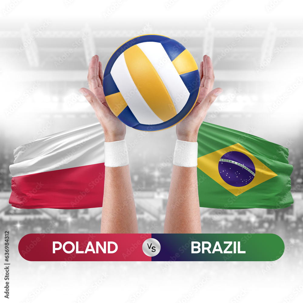 Poland vs Brazil national teams volleyball volley ball match competition concept.