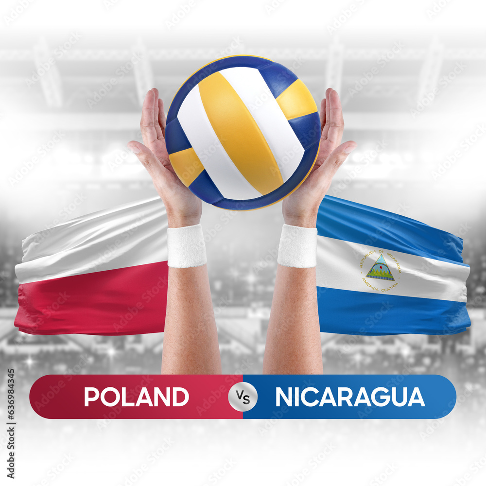 Poland vs Nicaragua national teams volleyball volley ball match competition concept.