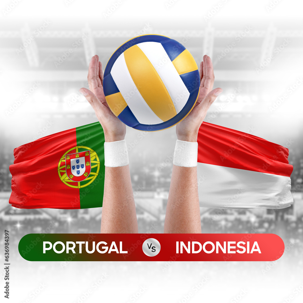 Portugal vs Indonesia national teams volleyball volley ball match competition concept.