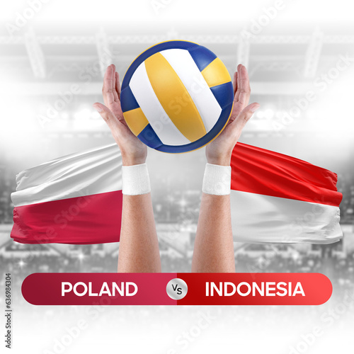 Poland vs Indonesia national teams volleyball volley ball match competition concept.