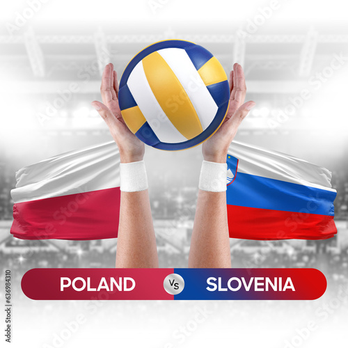 Poland vs Slovenia national teams volleyball volley ball match competition concept.