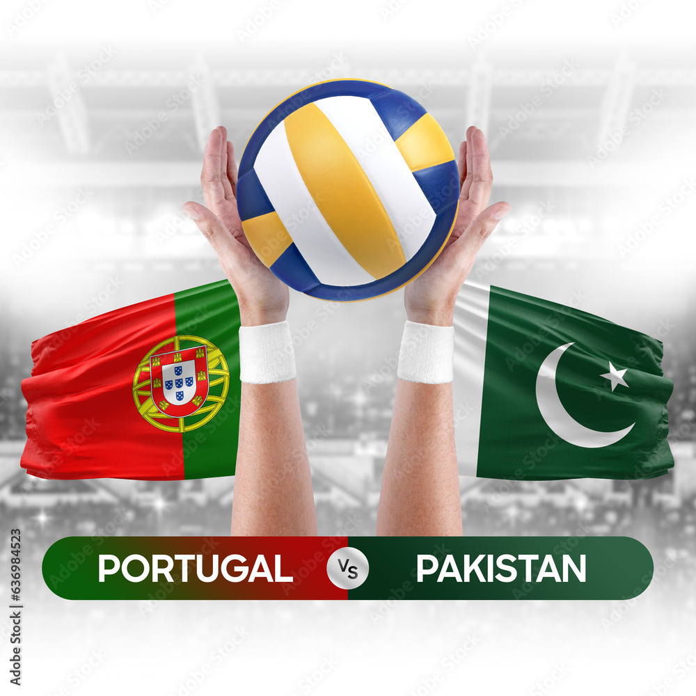 Portugal vs Pakistan national teams volleyball volley ball match competition concept.