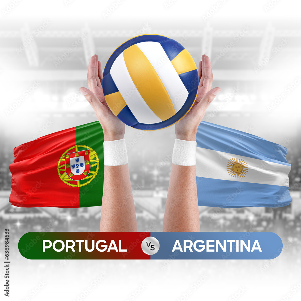 Portugal vs Argentina national teams volleyball volley ball match competition concept.