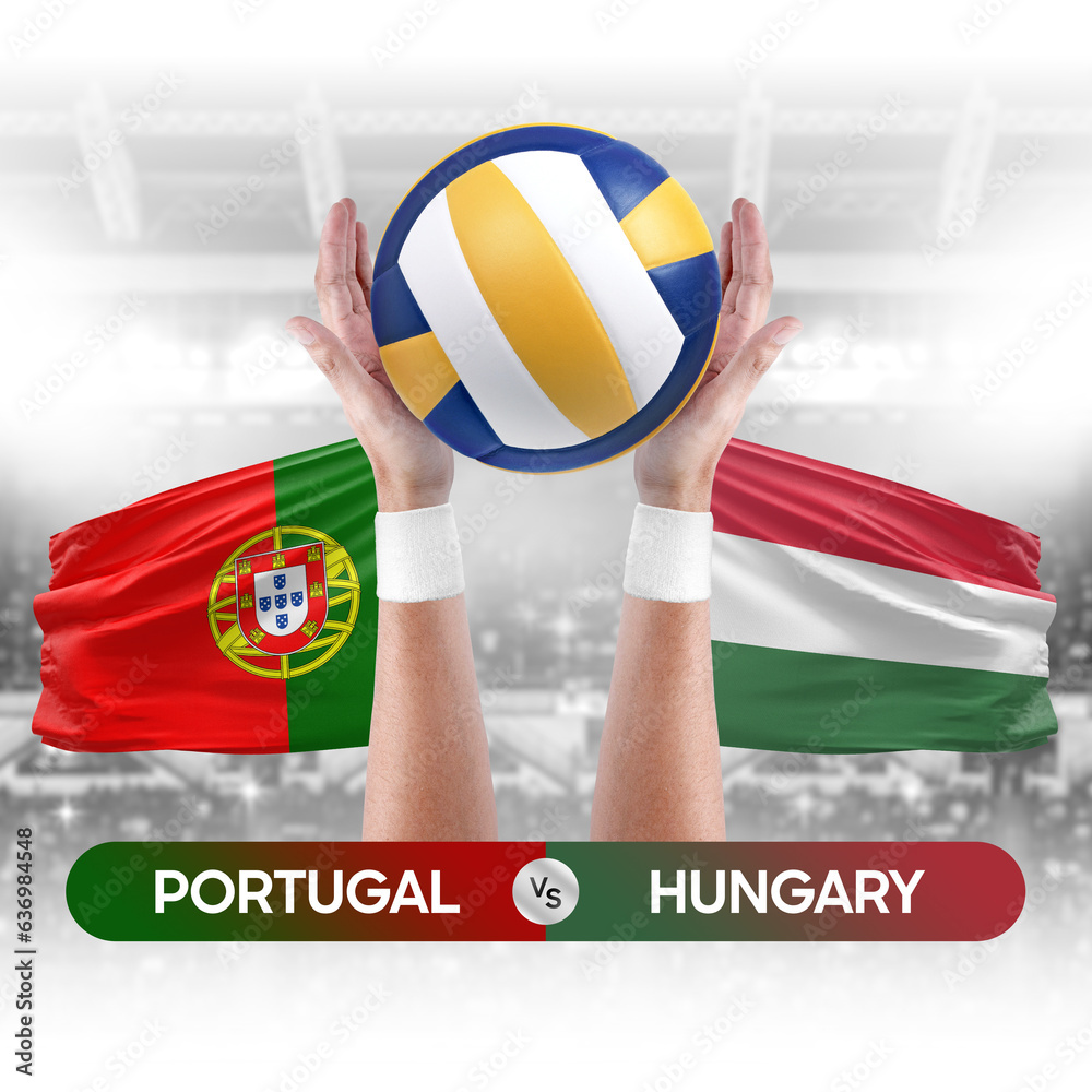 Portugal vs Hungary national teams volleyball volley ball match competition concept.