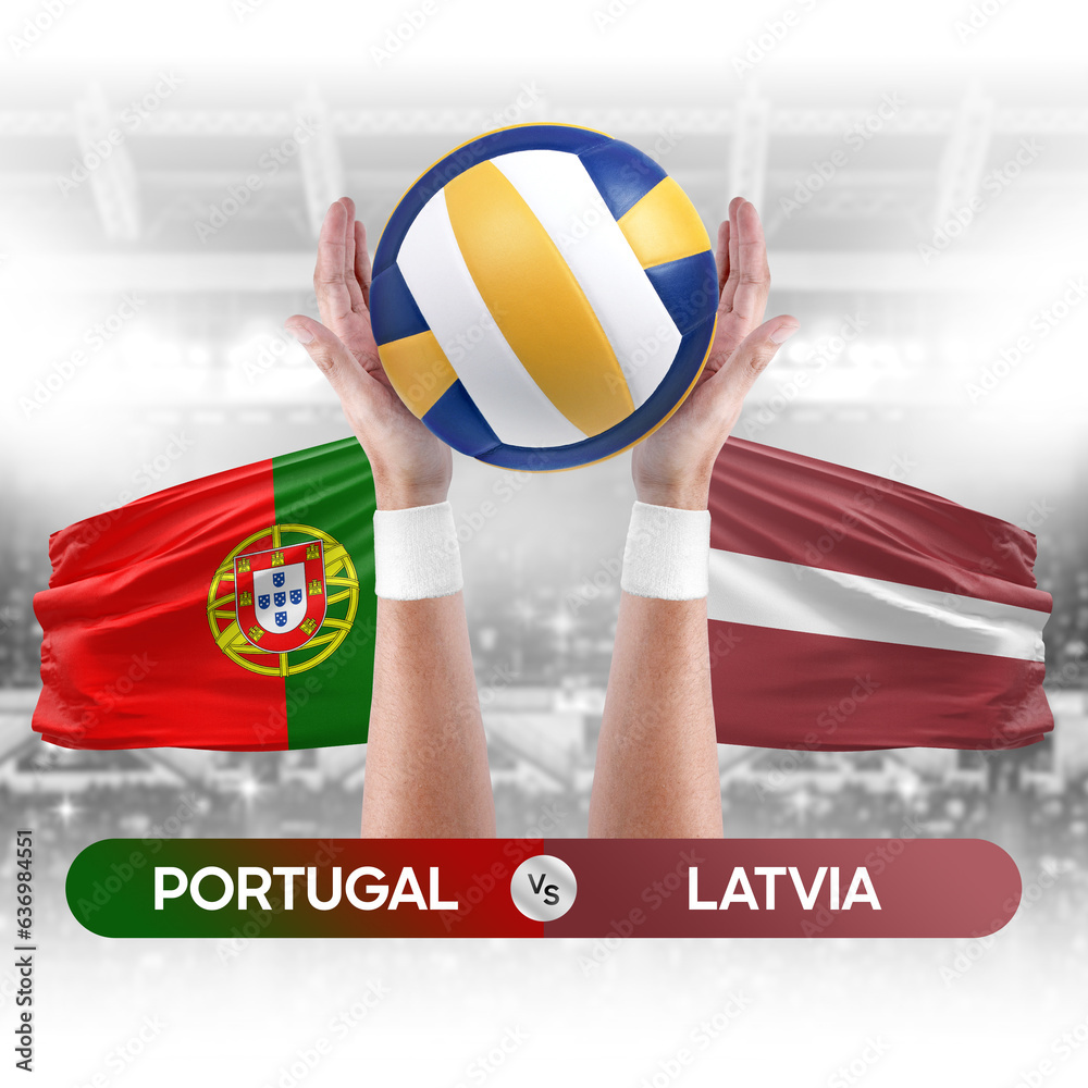 Portugal vs Latvia national teams volleyball volley ball match competition concept.