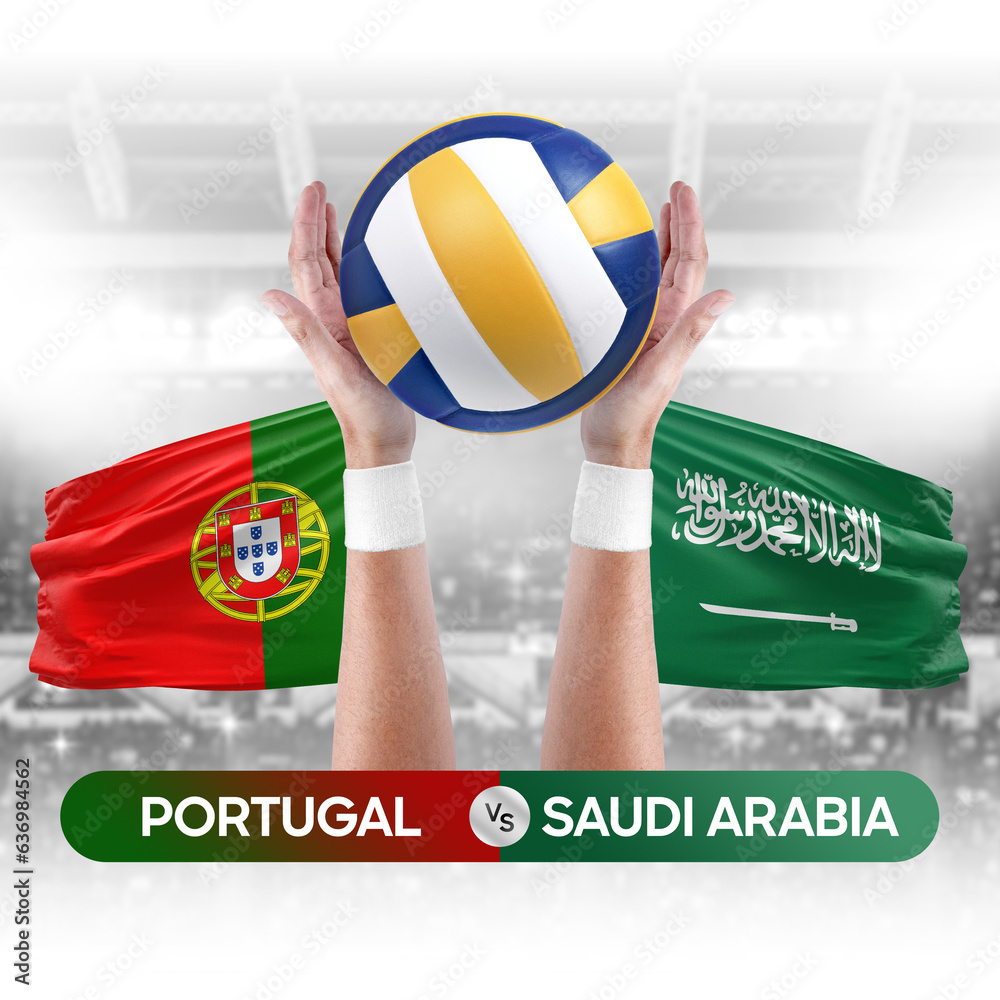 Portugal vs Saudi Arabia national teams volleyball volley ball match competition concept.