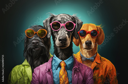 Cool looking dog wearing funky fashion dress - jacket, tie, glasses. Stylish animal posing as supermodel
