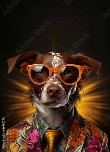 Cool looking  dog wearing funky fashion dress - jacket, tie, glasses. Stylish animal posing as supermodel © suthiwan