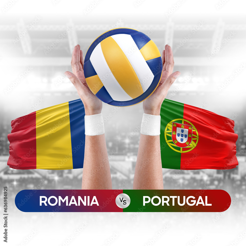 Romania vs Portugal national teams volleyball volley ball match competition concept.