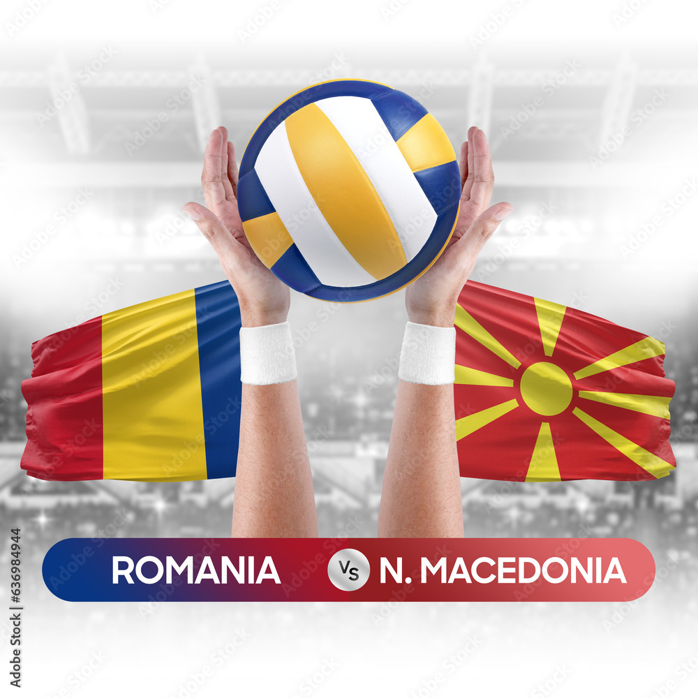Romania vs North Macedonia national teams volleyball volley ball match competition concept.